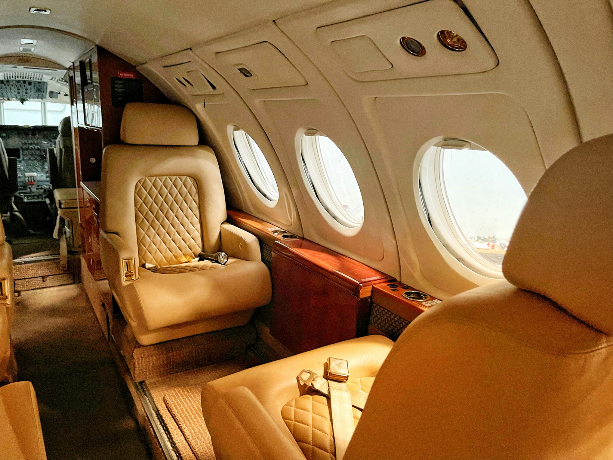 Private jet cabin interior with leather seating